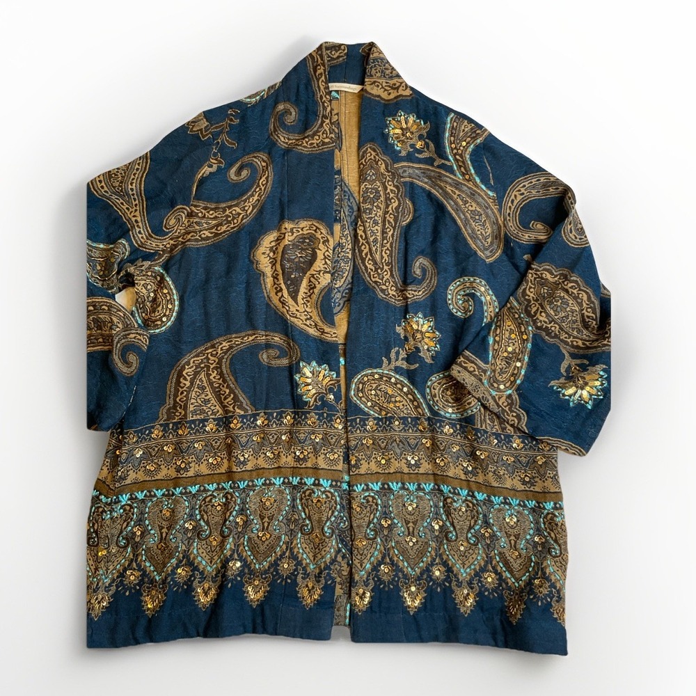 Soft Surroundings S/M  Kimono Duster  Paisley Sweater Sequins Boho Peasant‎